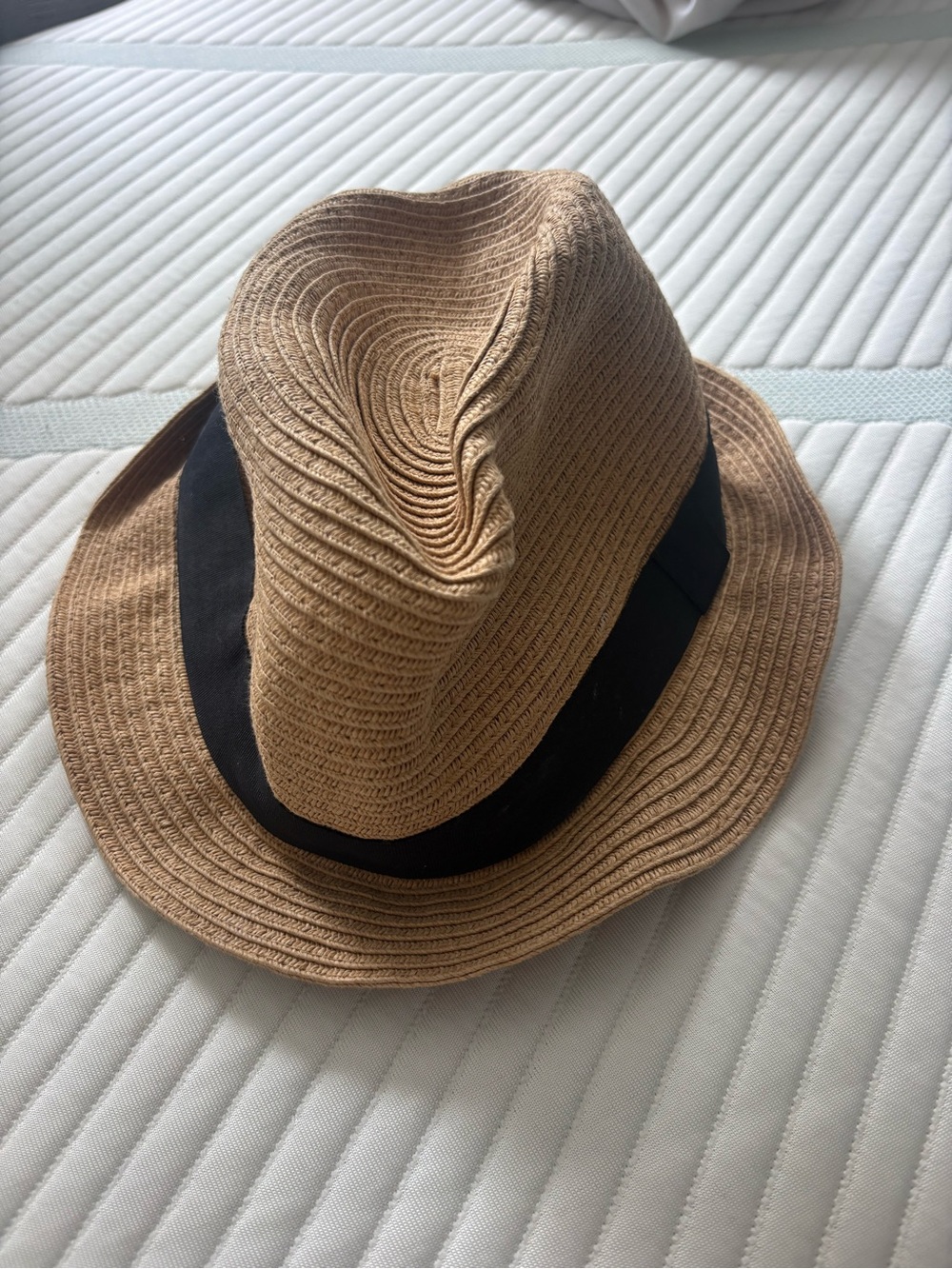 Anthropologie Classic Brown Straw Fedora Hat with Black Band